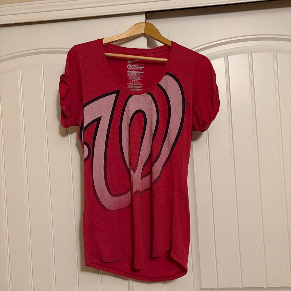 Washington Nationals T Shirt Red Women's Medium Loose Fit Short Gathered Sleeve